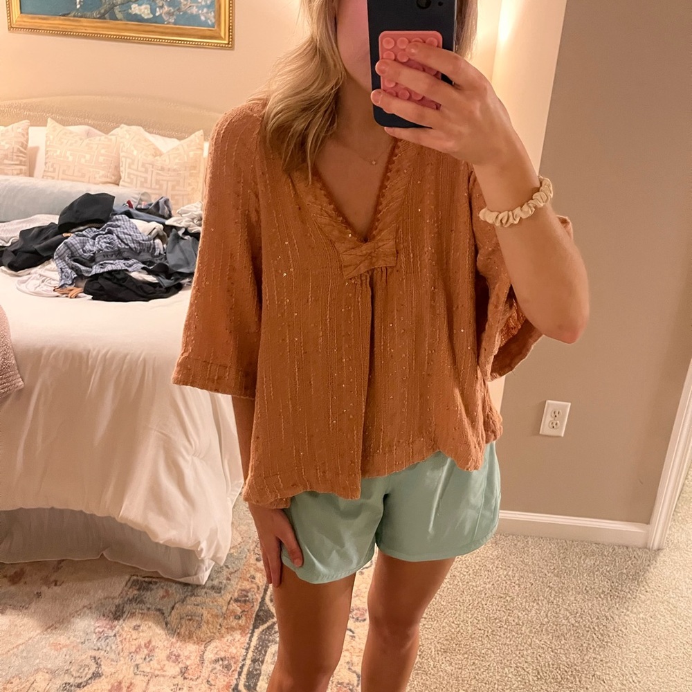 Free People Orange 3/4 Sleeve Boxy Blouse